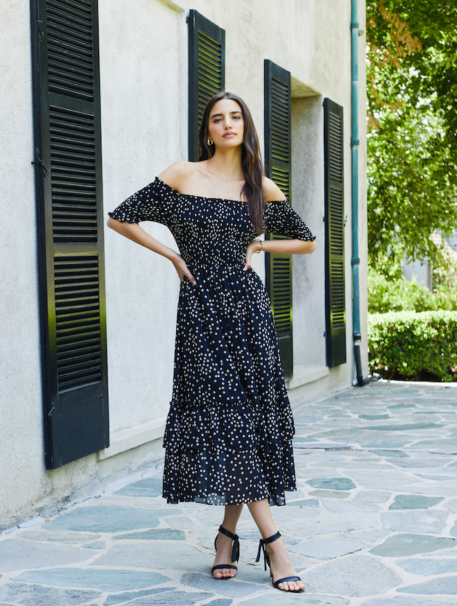 Oriel Off Shoulder Dress Black/Tan Stars