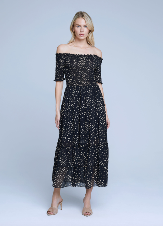Oriel Off Shoulder Dress Black/Tan Stars