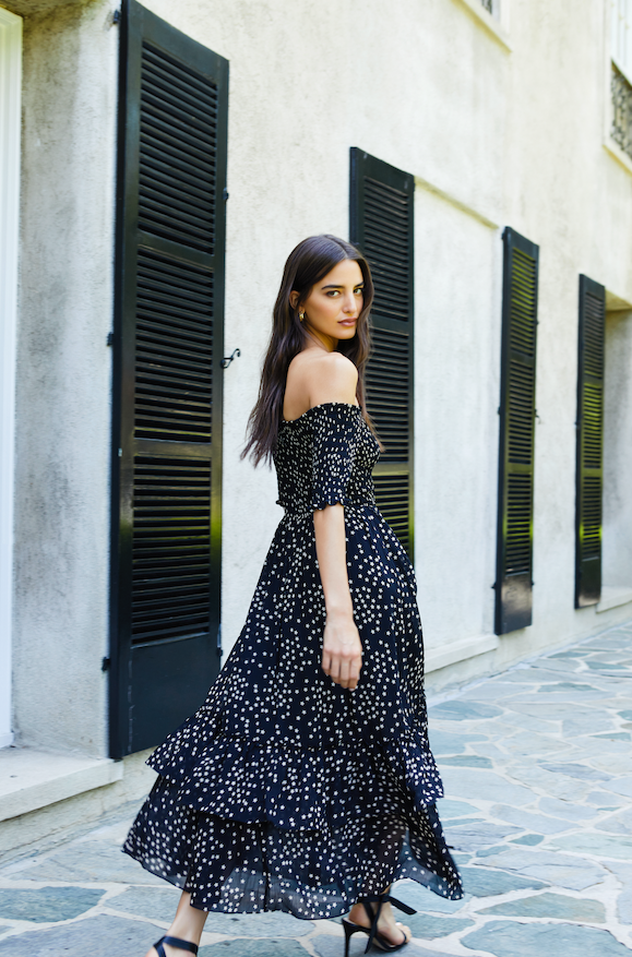 Oriel Off Shoulder Dress Black/Tan Stars